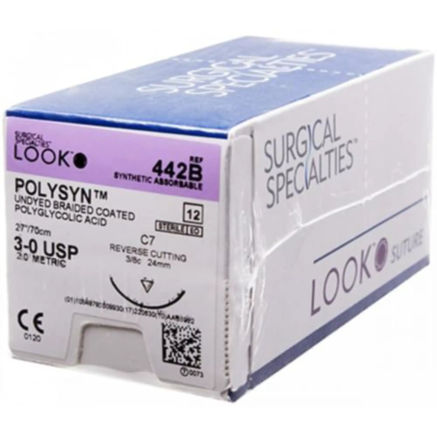 Suture PolySyn tressée non teintée avec aiguille C7 (24 mm, 3/8 cercle), taille 3-0, 27″ (70 cm), 12/PK