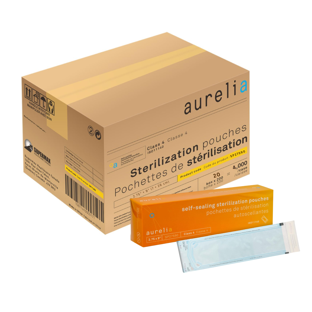 Sachets de stérilisation auto-adhésifs Aurelia 7 cm × 23 cm – Indicateurs de classe 4 (boîte individuelle ou carton complet)