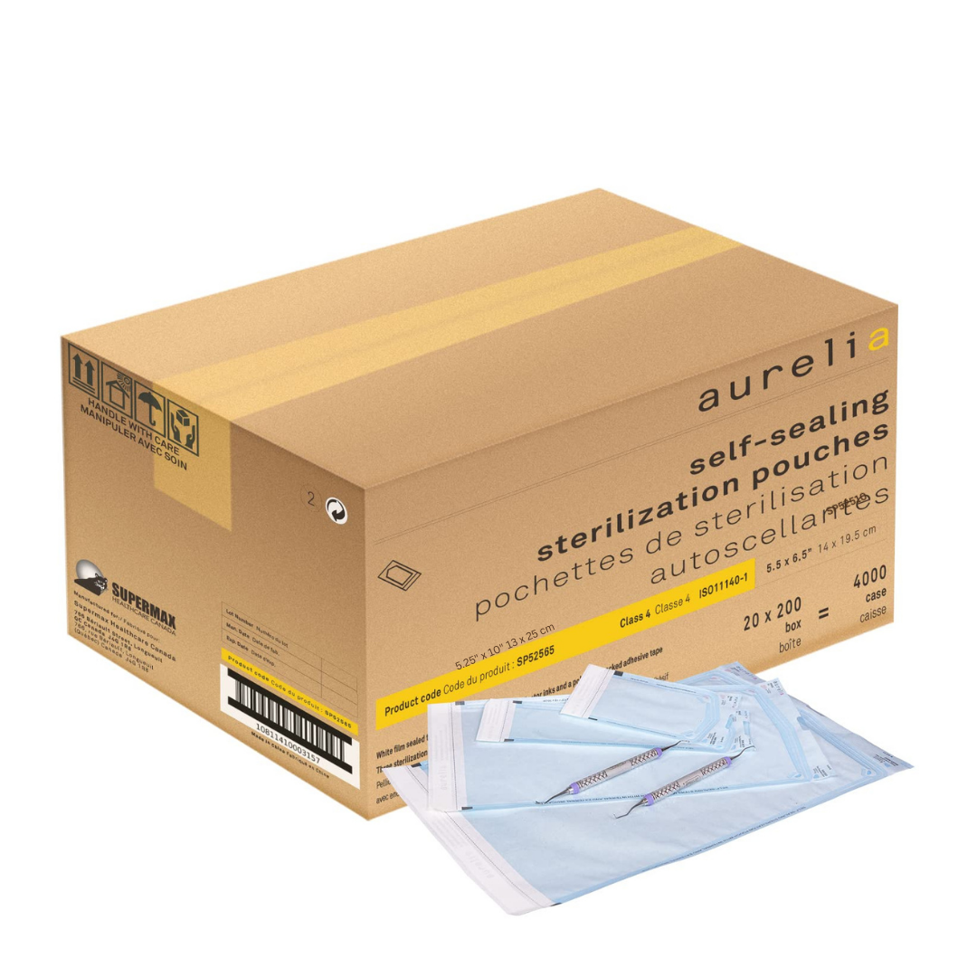 Box of aureli self-sealing sterilization pouches with a smaller box of pouches in front.