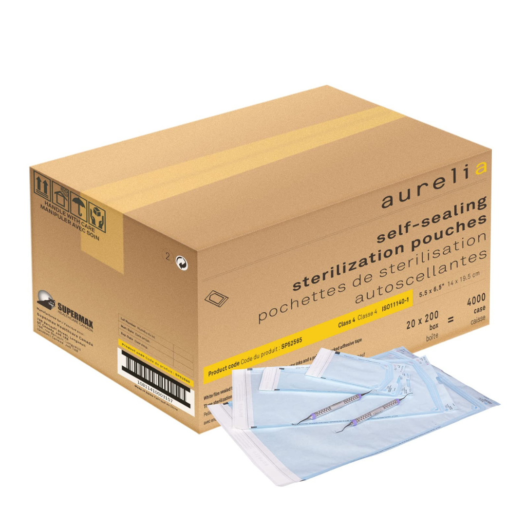 Supermax Aurelia Self-Sealing Sterilization Pouches – 5.5″ × 6.5″ – Class 4 (Single box or Full Case)