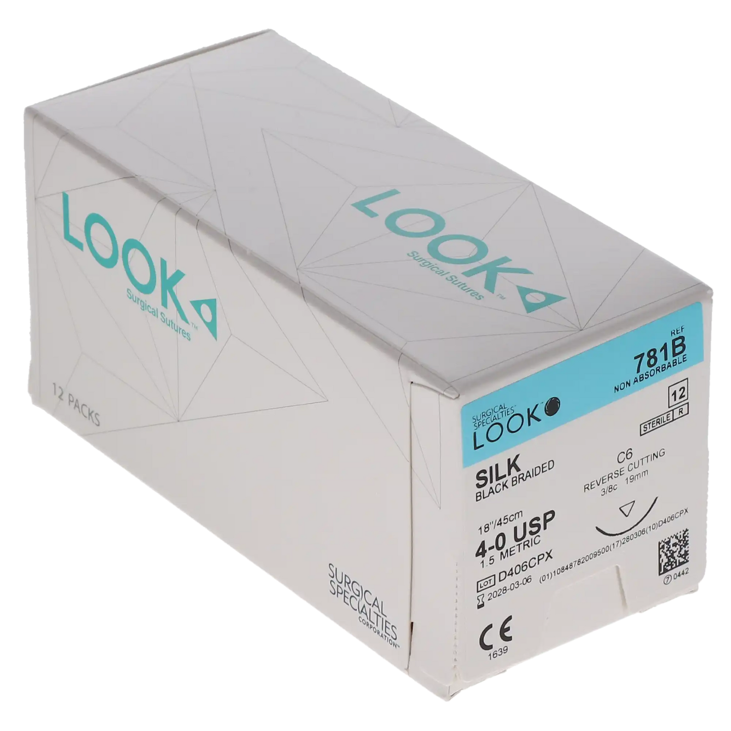 Black braided silk suture 4-0 with C6 RC needle, 18" (45 cm), 12/pack, Ref 781B
