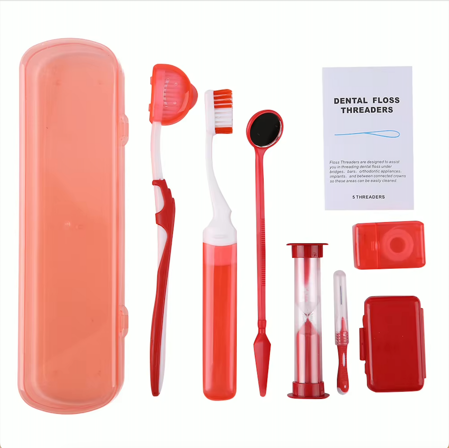 Dental Disposables, 8-Piece Orthodontic Patient Kit (storage box) Red Dental Floss Threader(5pcs)
Orthodontic Wax
10m Dental Floss plastic box package
Interdental Brush
Disposable Dental Mirror
Orthodontic Travel Toothbrush(V-shaped Bristles)
2 Minutes Sand Timer
Orthodontic Toothbrush (V-shaped Bristles)