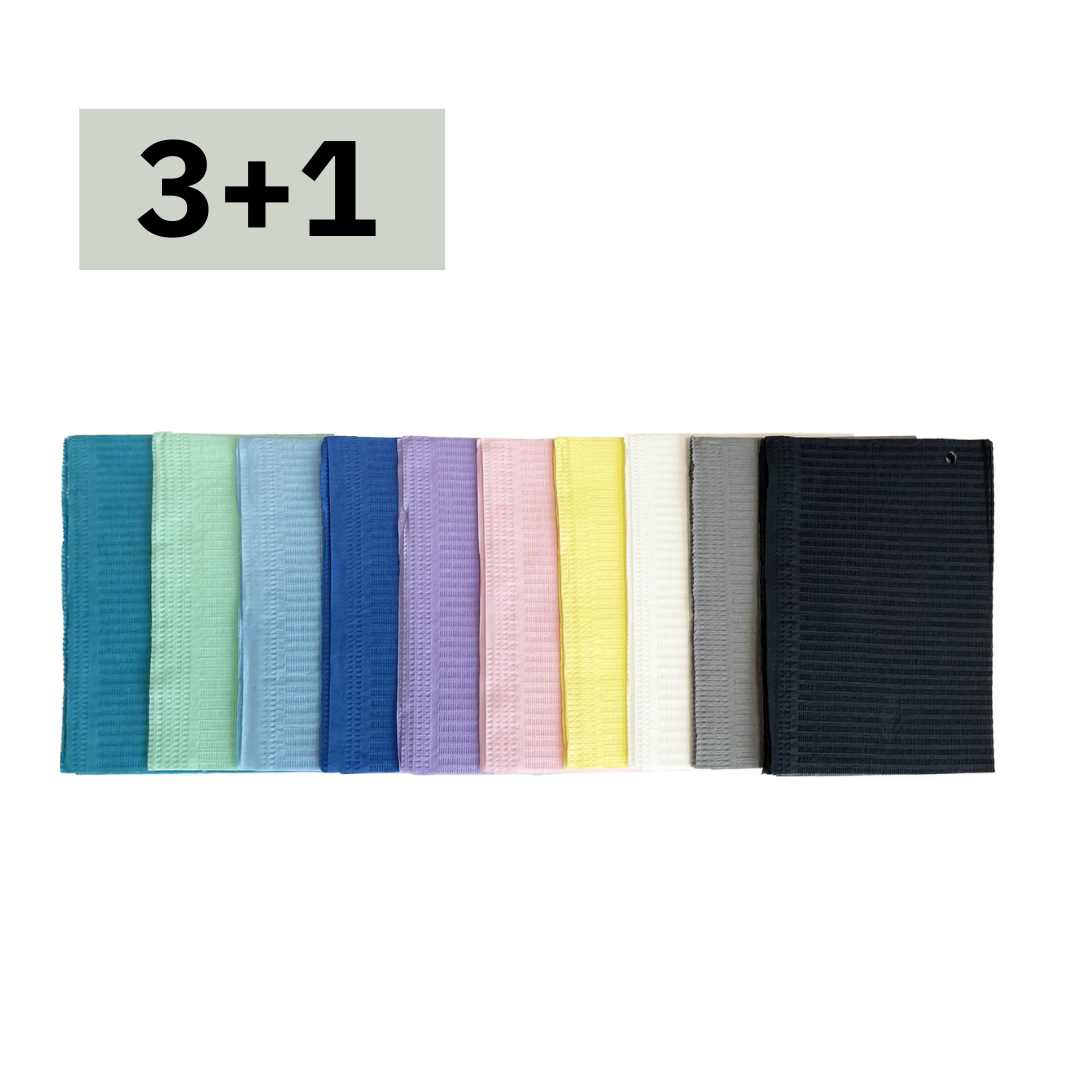 Aurelia, Lavender pink Green dental bibs, 500 per case, eco-sustainable, cellulose-based hygienic 10x50 pack, non-glued cellulose SKU 2002, 2003 2004