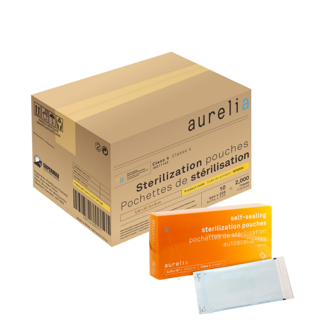 Aurelia sterilization pouches packaging with a box and individual pouches 5.25"x10"