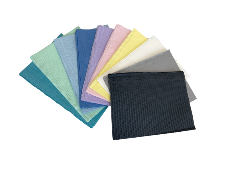 Aurelia, Lavender pink Green dental bibs, 500 per case, eco-sustainable, cellulose-based hygienic 10x50 pack, non-glued cellulose SKU 2002, 2003 2004