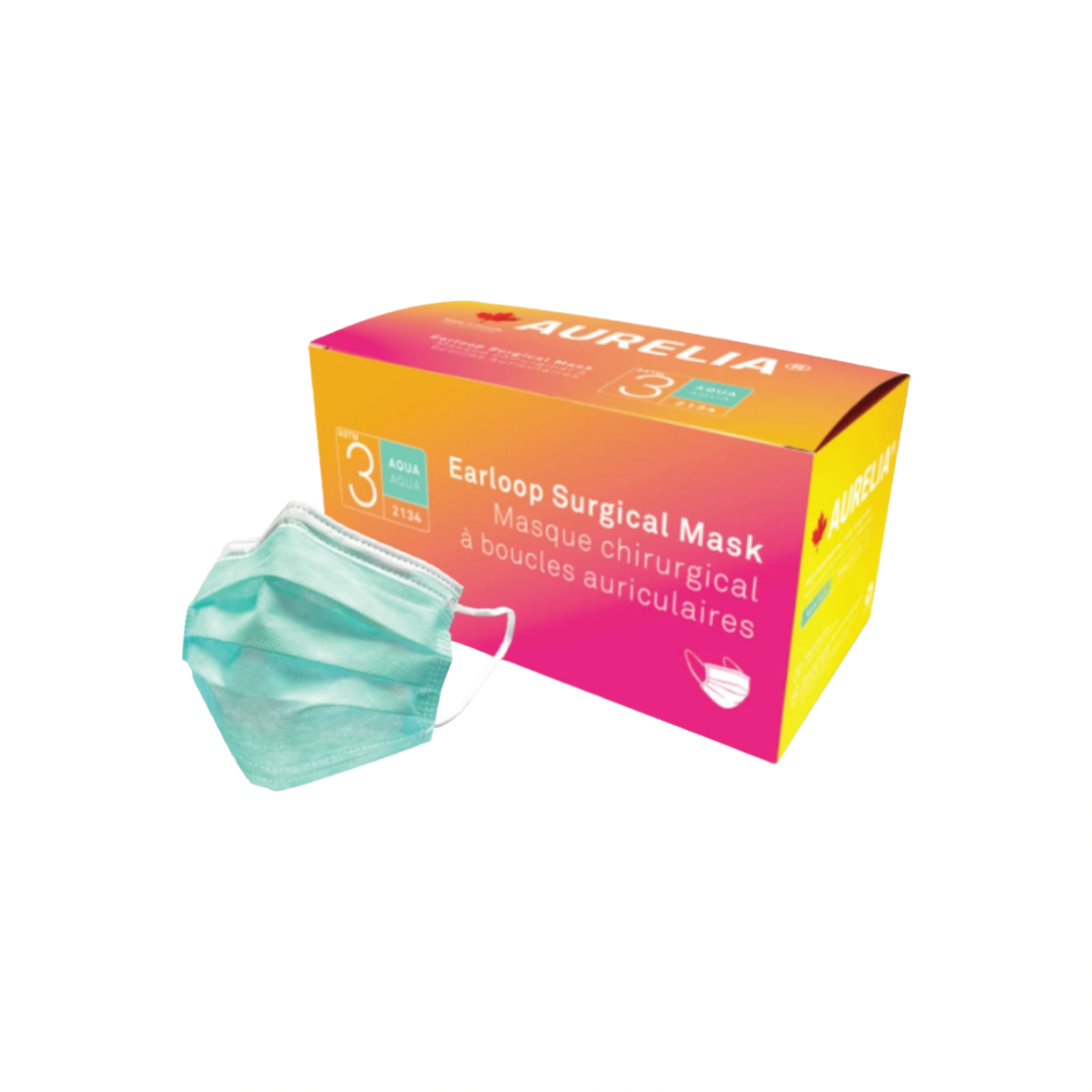 Masques de chirurgie ASTM Niveau 3 3 épaisseurs, Aqua, Rose, Bleu avec attaches auriculaires, Résistants aux fluides, Fabriqués au Canada, Aurelia (50/Boîte)