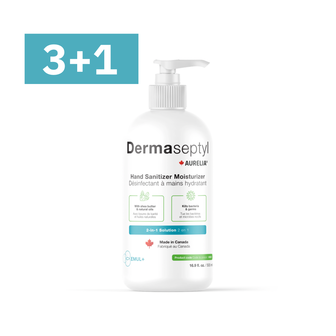 Désinfectant et hydratant antiseptique pour les mains DermaSeptyl | 2-en-1 | Fabriqué au Québec | 60 ml et 500 ml