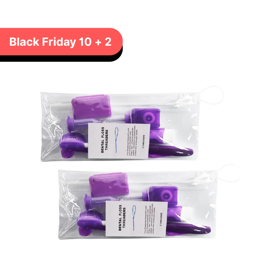 Two packages of purple hair rollers with a 'Black Friday 10 + 2' label on a white background. Dental Disposables, 8-Piece Orthodontic Patient Kit purple Dental Floss Threader(5pcs)
Orthodontic Wax
10m Dental Floss plastic box package
Interdental Brush
Disposable Dental Mirror
Orthodontic Travel Toothbrush(V-shaped Bristles)
2 Minutes Sand Timer
Orthodontic Toothbrush (V-shaped Bristles)