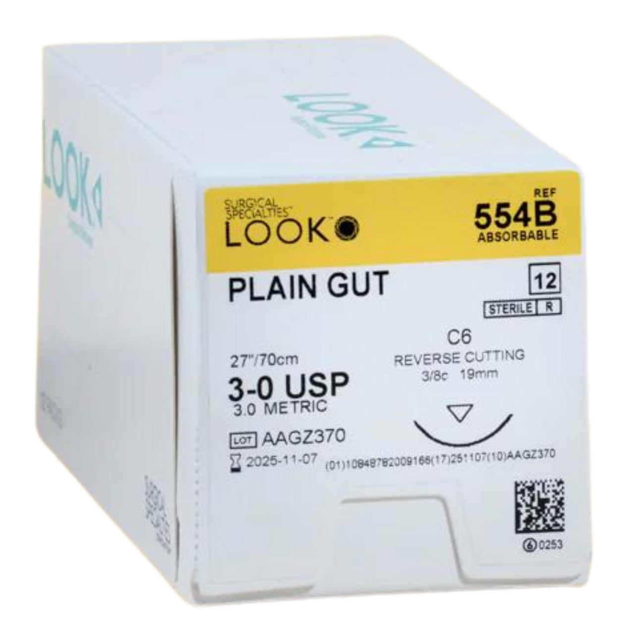 Plain Gut Sutures 554B – 3-0, 27" C-6, 3/8 Circle, 19 mm (12/Pack)