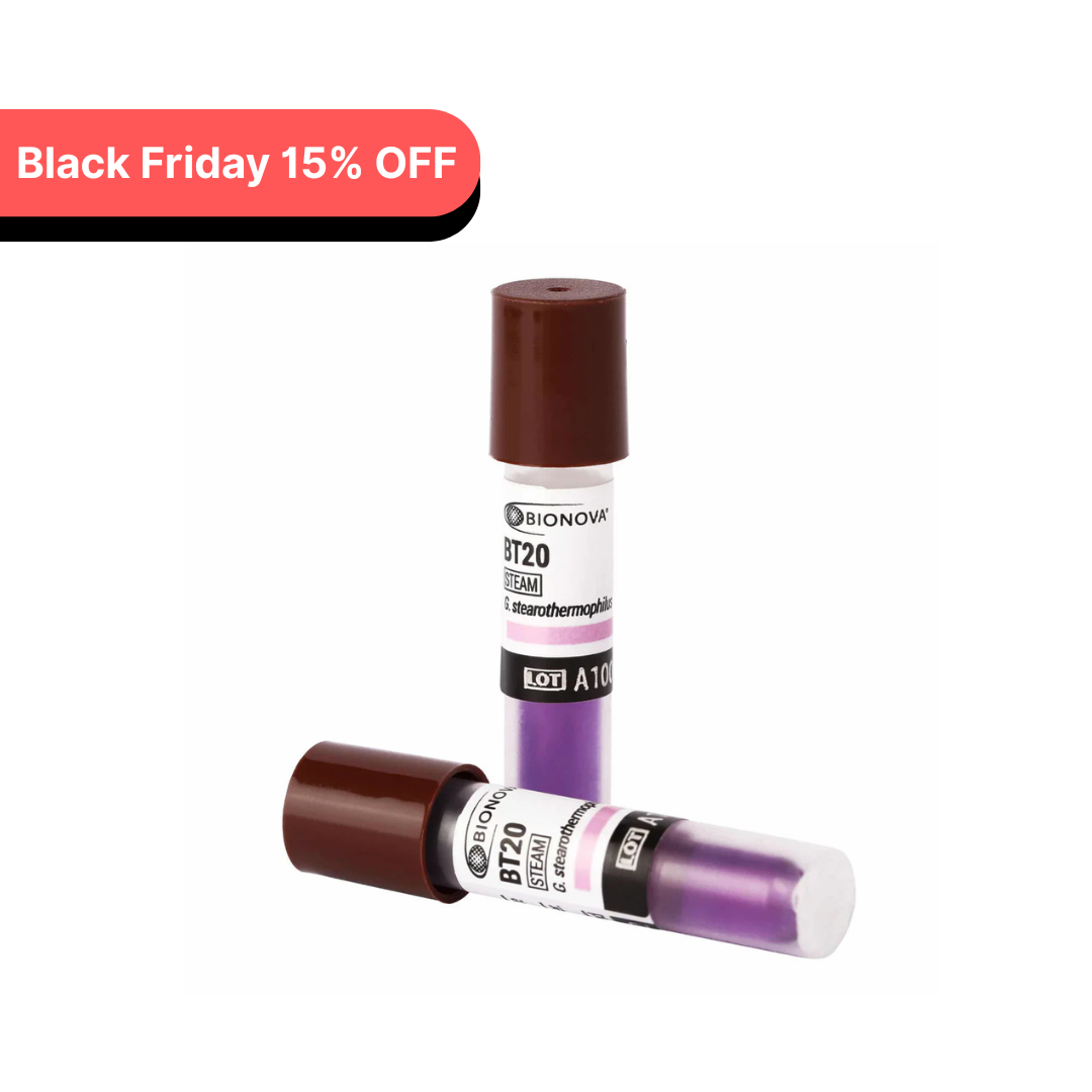 Box of 100 Biological Indicators for Steam Sterilization – 24-Hour Readout by 3BS Dahabi Two Bionova tubes with a Black Friday discount label on a white background Infection Control, sterilization, Biological Indicators for Steam Sterilization