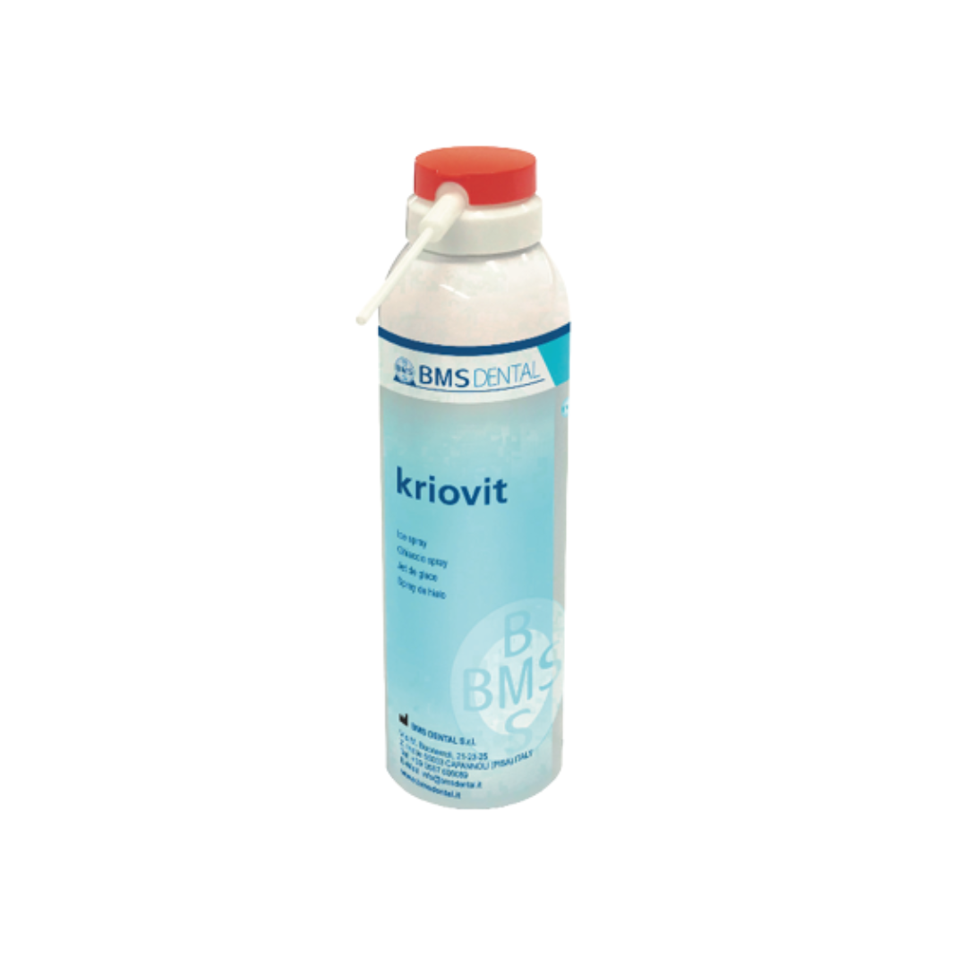 BMS Dental Kriovit orange-scented refrigerant spray can, 200 mL, with application tubes.