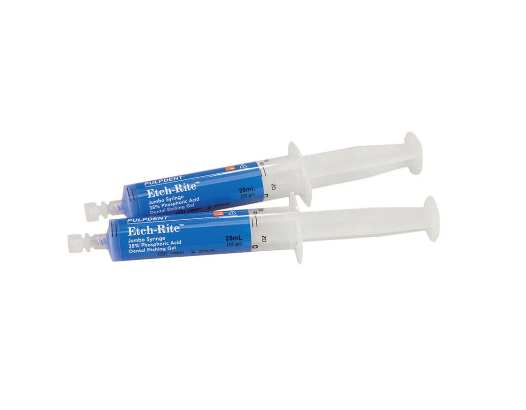 Two dental syringes labeled 'Etch-Rite' on a white background. Etch-Rite Dental Etching Gel, Jumbo Syringe Refill, Pulpdent ET-50R