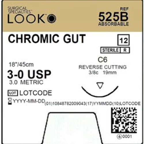 Chromic Gut Sutures 525B – 3-0, 18" C-6, 3/8 Circle, 19 mm (12/Pack)