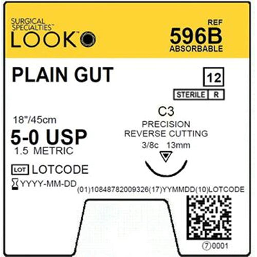Sutures. Plain Gut. 596B 5-0 18" C-3 3/8 Circle 13mm 12/Pk