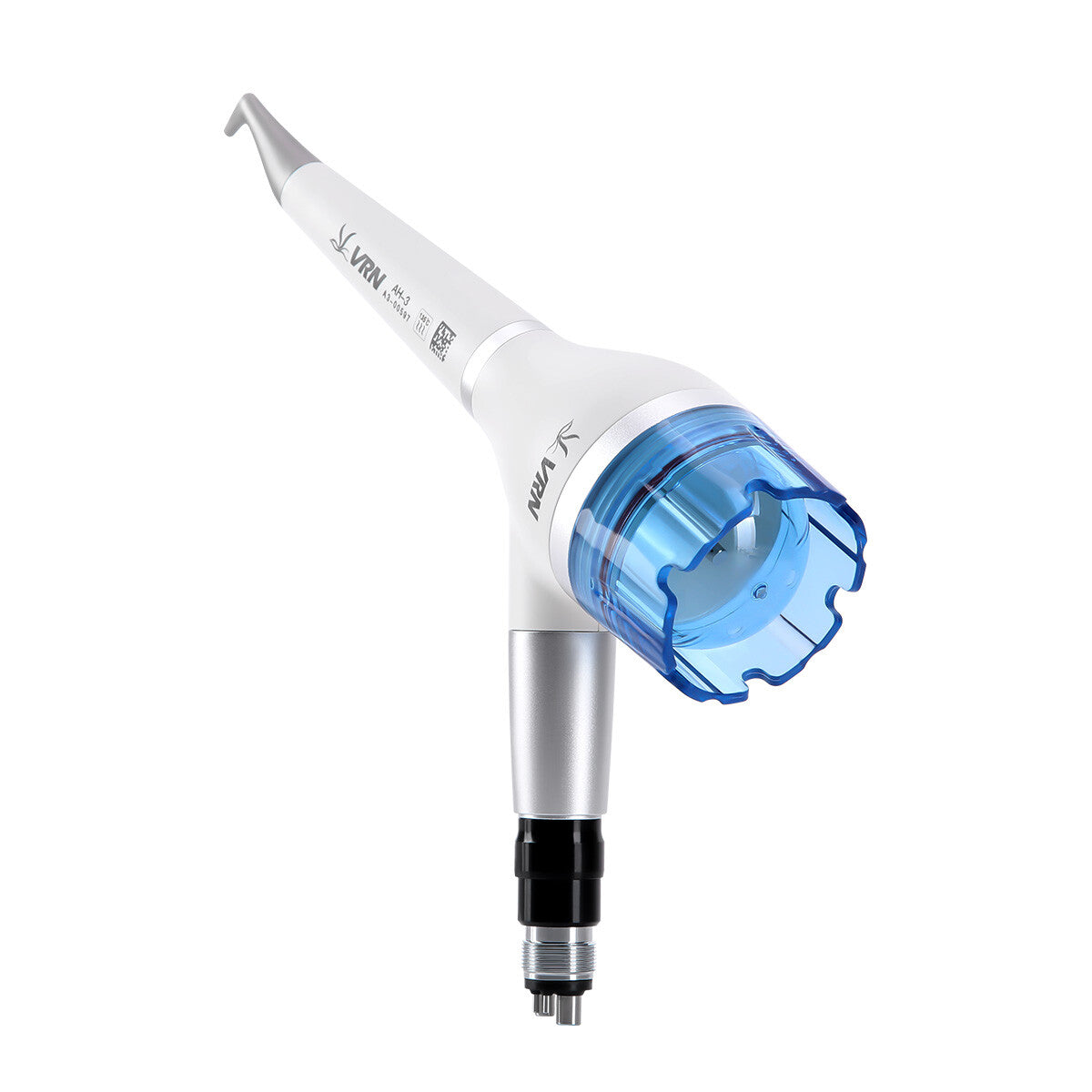 Dental air polishing handpiece with a transparent powder window and 4-hole quick connector.