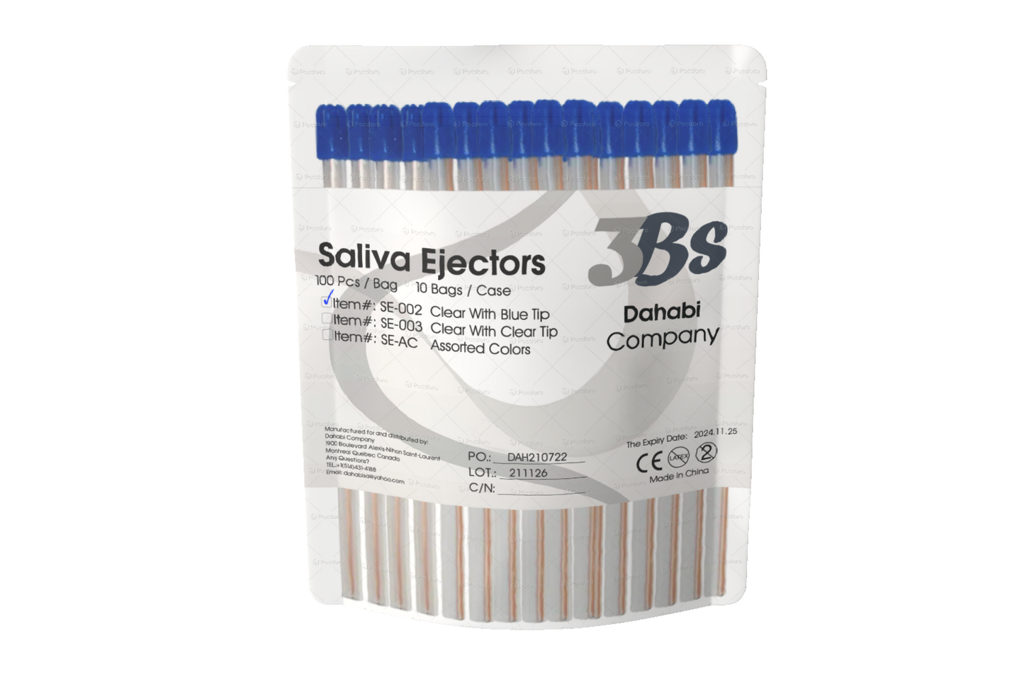 Clear dental saliva ejectors with blue tip latex free 100 per bag 3BS Dahabi Montreal Canada SE-002