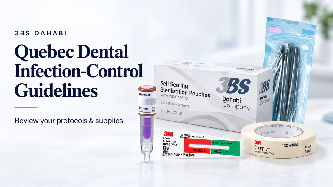 3BS Dahabi sterilization pouches, biological indicator, Type 5 integrator and indicator tape.