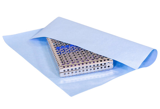 Aurelia CSR sterilization wrap 12 by 12 inches, 30 x 30 cm, cellulose fiber, blue wrap, SKU SP1212, 1000 sheets per case.
