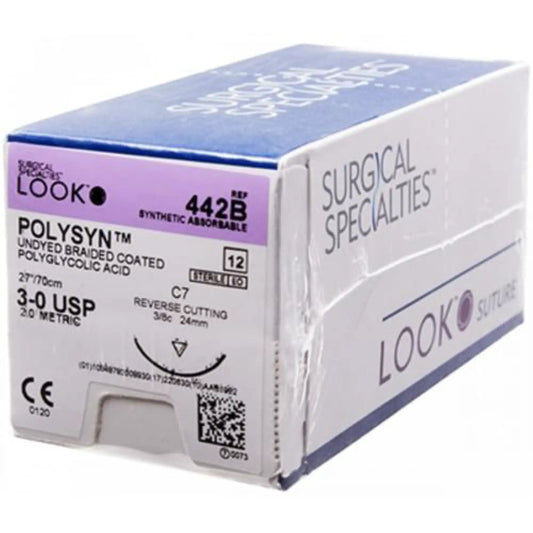 Undyed braided PolySyn suture with C7 needle (24 mm, 3/8 circle), size 3-0, 27″ (70 cm), 12/PK