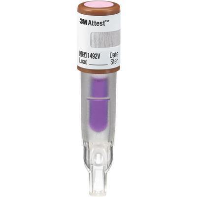 A 3M Attest Date Stencil liquid latex applicator tip, showing a purple-colored liquid inside a clear plastic tube with a brown and white cap.