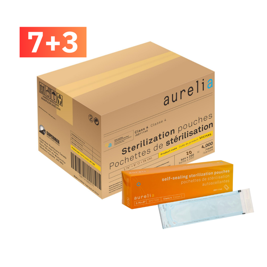 Aurelia sterilization pouches packaging with a smaller pouch and packaging on a white background