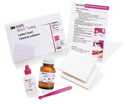 3M RelyX Luting Cement Intro Kit with 16 g powder, 9 mL liquid, measuring spoon, and mixing pads