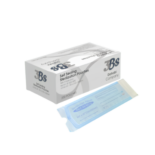 A box of 3Bs Dahabi Company self-sealing sterilization pouches shown on a white background, with one individual light blue pouch placed in front. 
