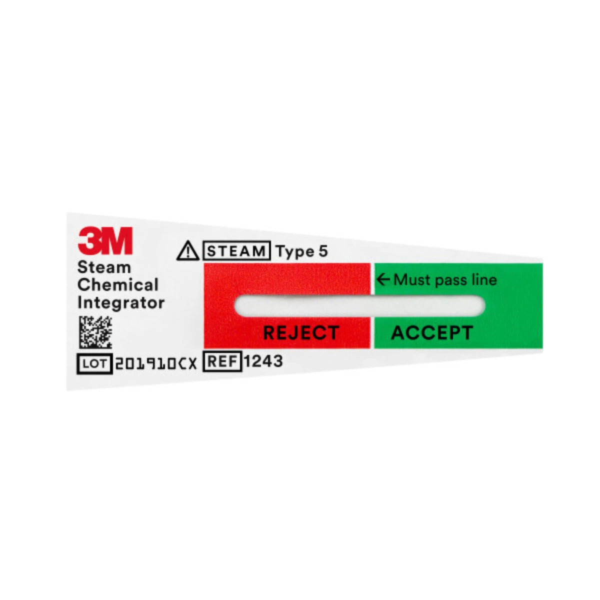 A 3M Steam Chemical Integrator test strip, Type 5, showing a white background with red and green sections labeled REJECT and ACCEPT, along with product identification text and a QR code.