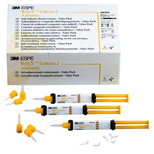 3M RelyX Unicem 2 A2 Universal resin cement value pack, three 8.5 g automix syringes and assorted tips