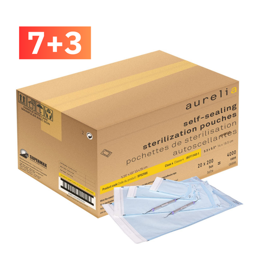 Box of aureli self-sealing sterilization pouches with a smaller box of pouches in front.