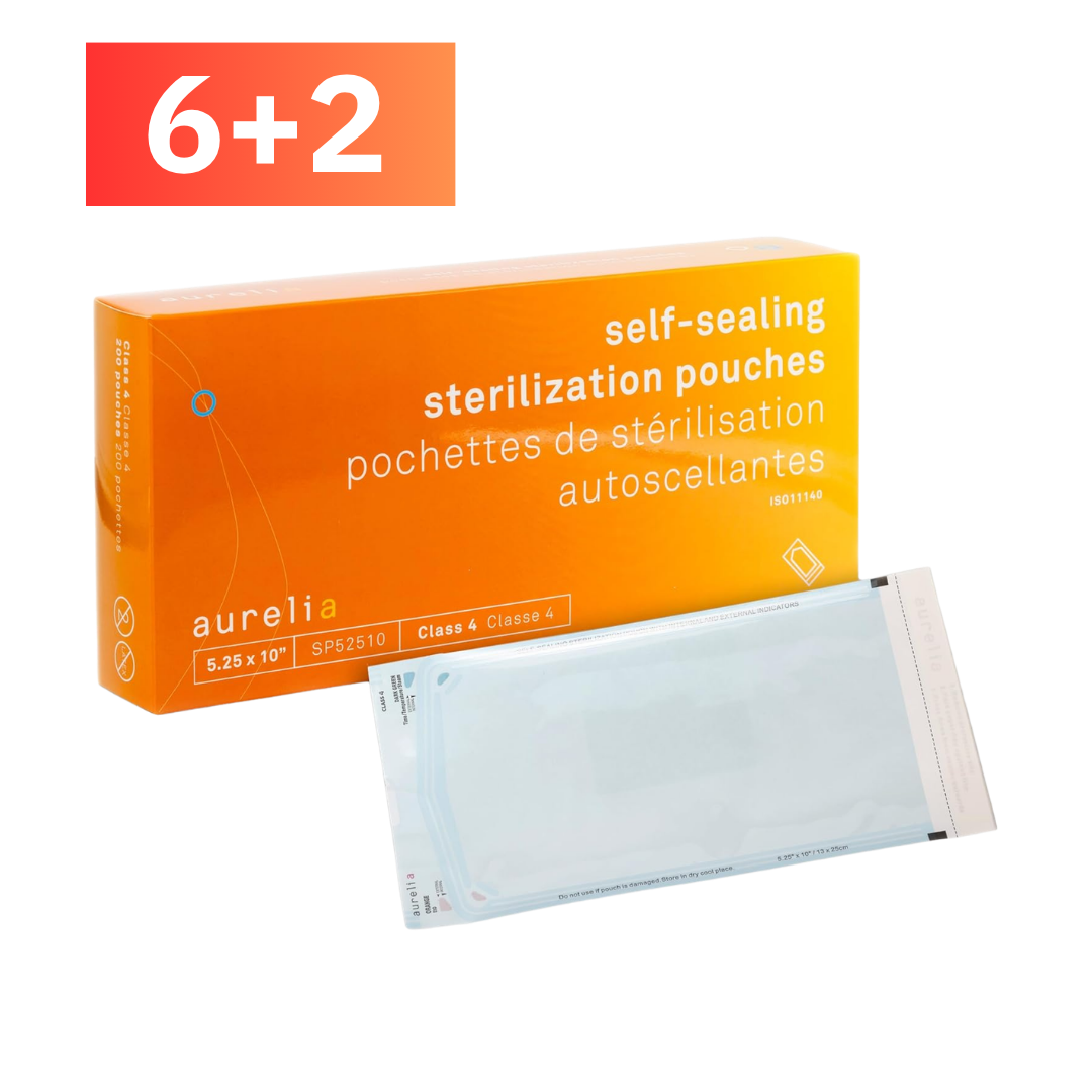 A box of Aurelia self-sealing sterilization pouches in orange packaging, with one light blue translucent pouch placed in front, on a white background. An orange-red badge at the top left reads '6+2'.