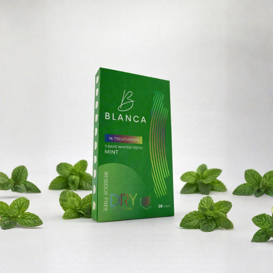 Blanca dental product packaging with mint  Arctic Mint Flavoured Whitening Strips 2-week treatment Canada