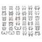 Assorted stainless steel rubber dam clamps in various shapes and sizes arranged in rows