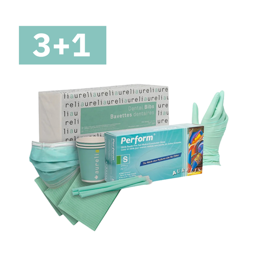 A dental infection control and sterilization kit featuring mint green nitrile gloves, a paper mask, a cup, and boxes of Aurélien Perfor and Laureli disinfectant wipes