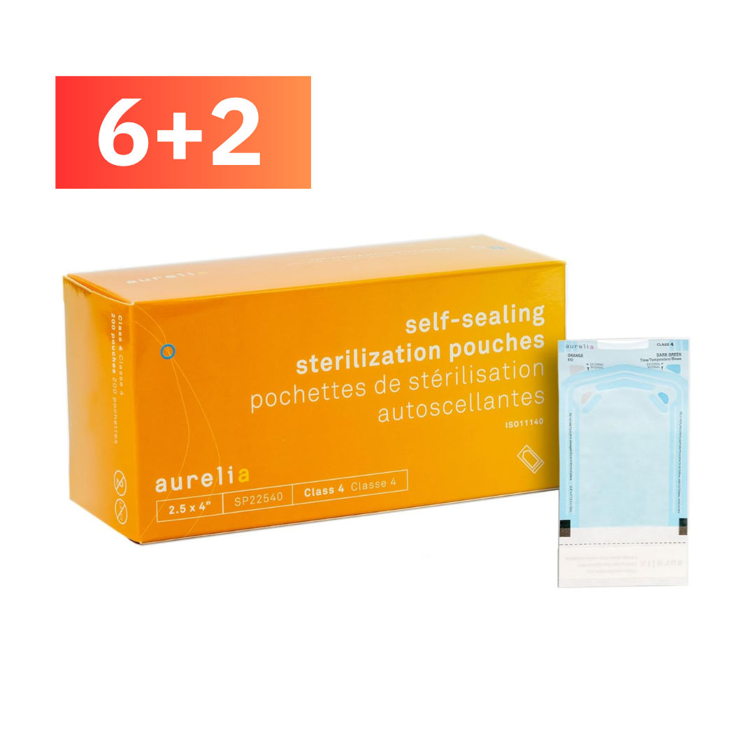 Orange box of aurelia self-sealing sterilization pouches with a single pouch displayed on a white background.