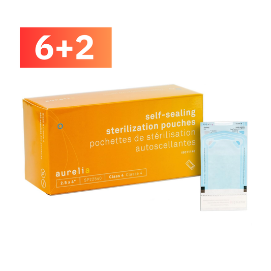 Orange box of aurelia self-sealing sterilization pouches with a single pouch displayed on a white background.