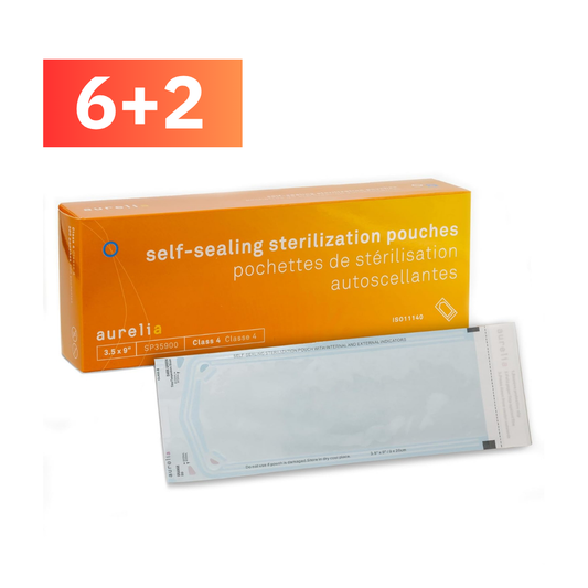 Aurella self-sealing sterilization pouches packaging with a single pouch displayed in front on a white background.