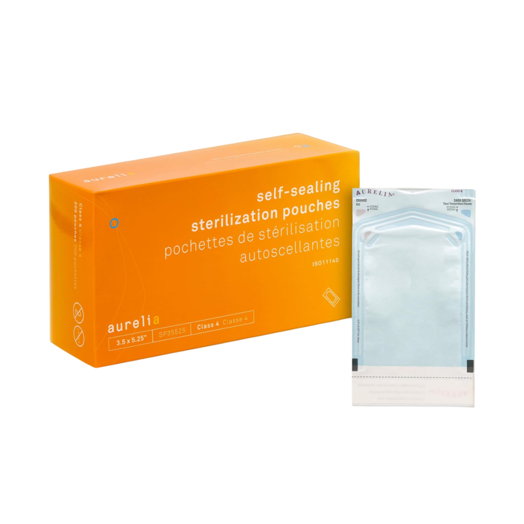 An orange Aurelii box of self-sealing sterilization pouches next to a single light blue sterile pouch in its clear outer packaging, on a white background.