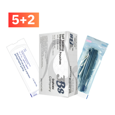 A boxed set of dental self-sealing sterilization pouches with two individual pouches shown beside the box on a white background. An orange label in the top left reads '5+2'.