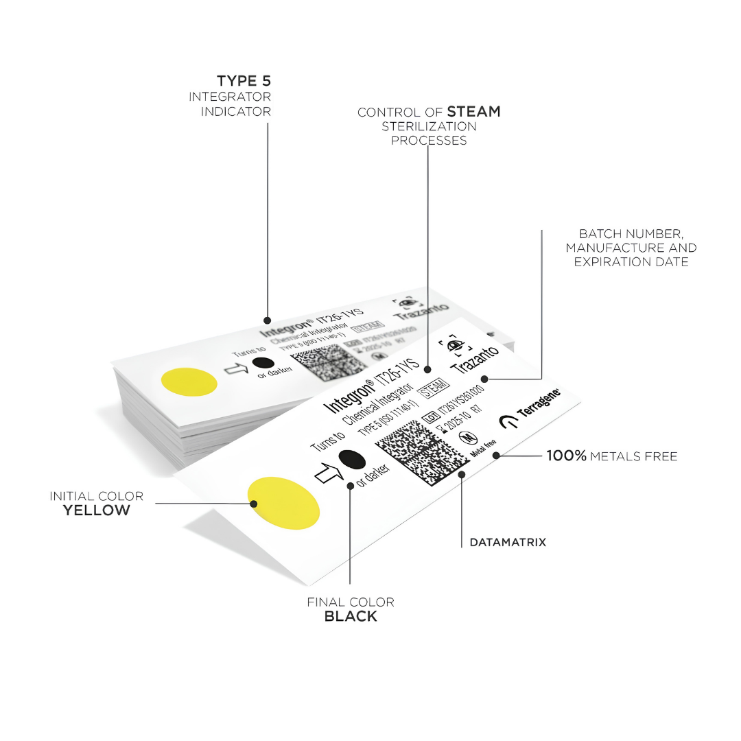 A stack of rectangular temperature indicator strips on a white background with callout lines and text explaining features such as type 5 integrator indicator, control of steam sterilization processes, batch number/manufacture/expiry date, initial color yellow, final color black, and 100% metals free.