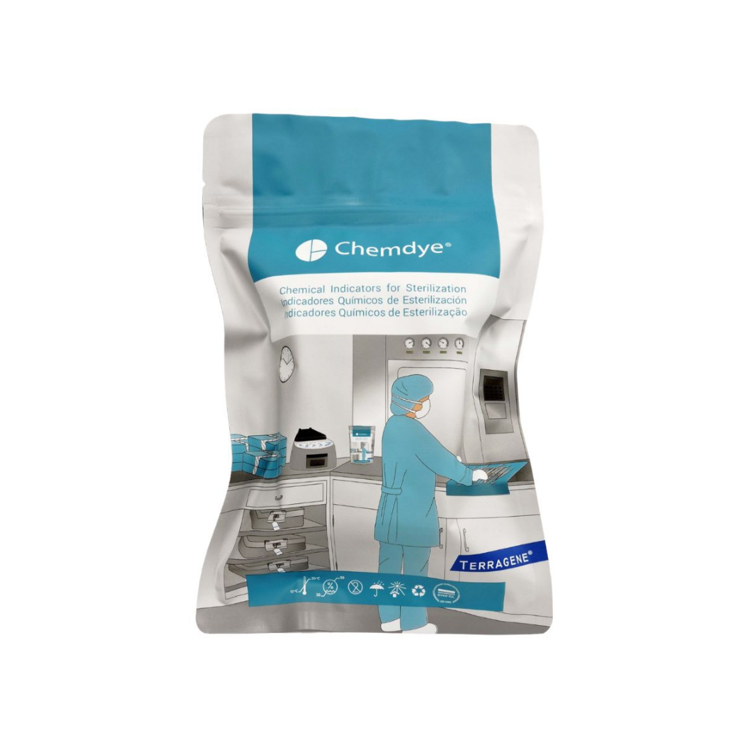 A stand-up pouch package for Chemdye Terragem chemical indicators for sterilization, featuring a white and teal design with an illustration of a laboratory setting.