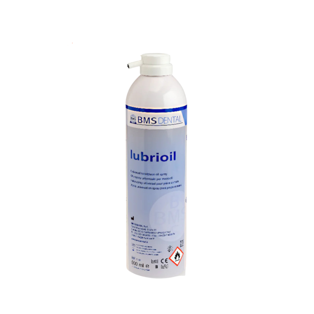A 200 ml canister of BMS Dental Lubrioil dental oil, featuring a white and light blue label with a white pump dispenser. An orange promotional badge with the text '3+1' is displayed in the top-left corner against a solid white background.
