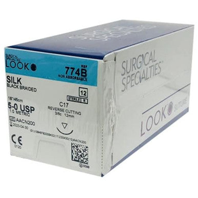 Black braided silk suture with C17 Needle (RC), 18"/45 cm, # 5-0, 12/Pk, 774B
