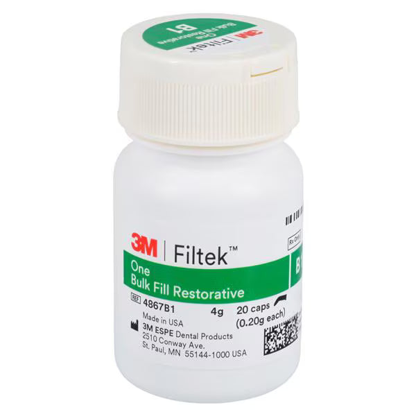 Product package of Filtek One Bulk Fill Restorative Capsules in A2 shade. Package size: 20 capsules, 0.2 g each. Product code 4867A2.