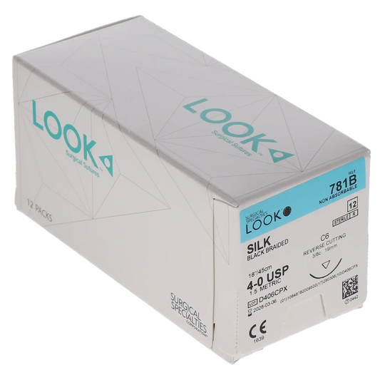 Black braided silk suture 4-0 with C6 RC needle, 18" (45 cm), 12/pack, Ref 781B