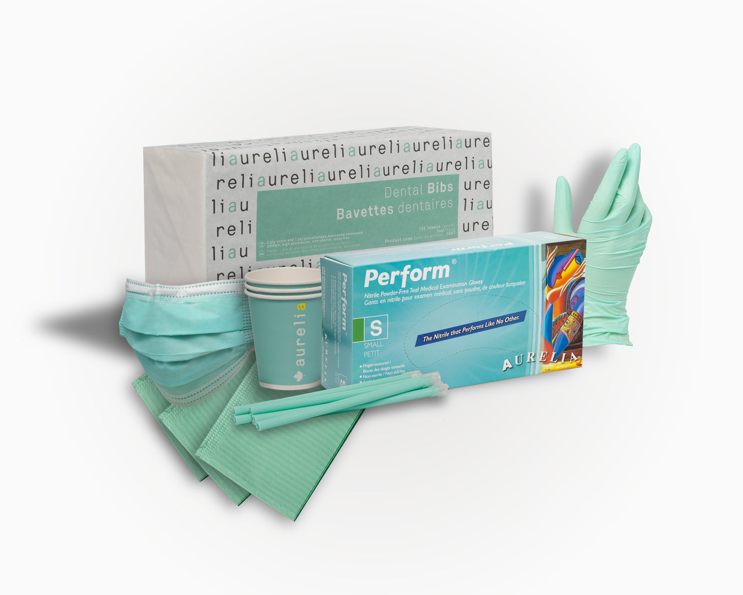 Aurelia Chroma Aqua Kit with Perform gloves, aqua masks, aqua bibs, cups, and saliva ejectors.
