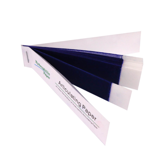 Pack of articulating paper with blue and white stripes Articulating Paper – Thin 71 Micron – Blue – 144/Pack – Dental Occlusion Paper