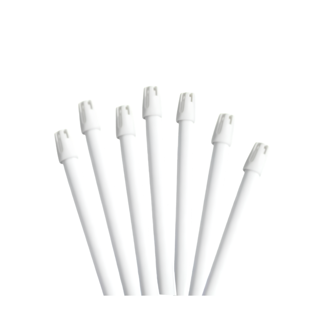 Six white plastic replacement straw tubes with looped tops, arranged in a fan shape against a plain white background.