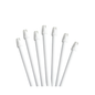 Six white plastic replacement straw tubes with looped tops, arranged in a fan shape against a plain white background.