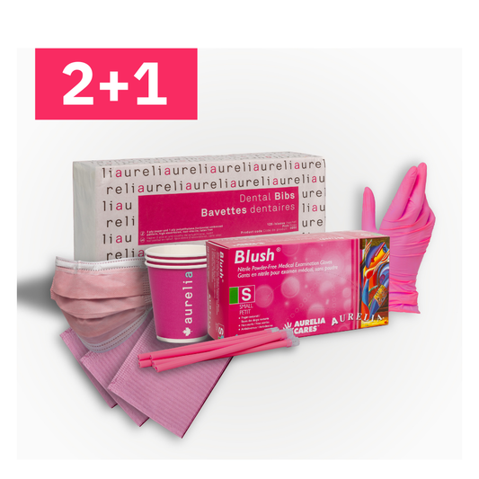 Aurelia kit products including boxes, cups, straws, and gloves on a white background.